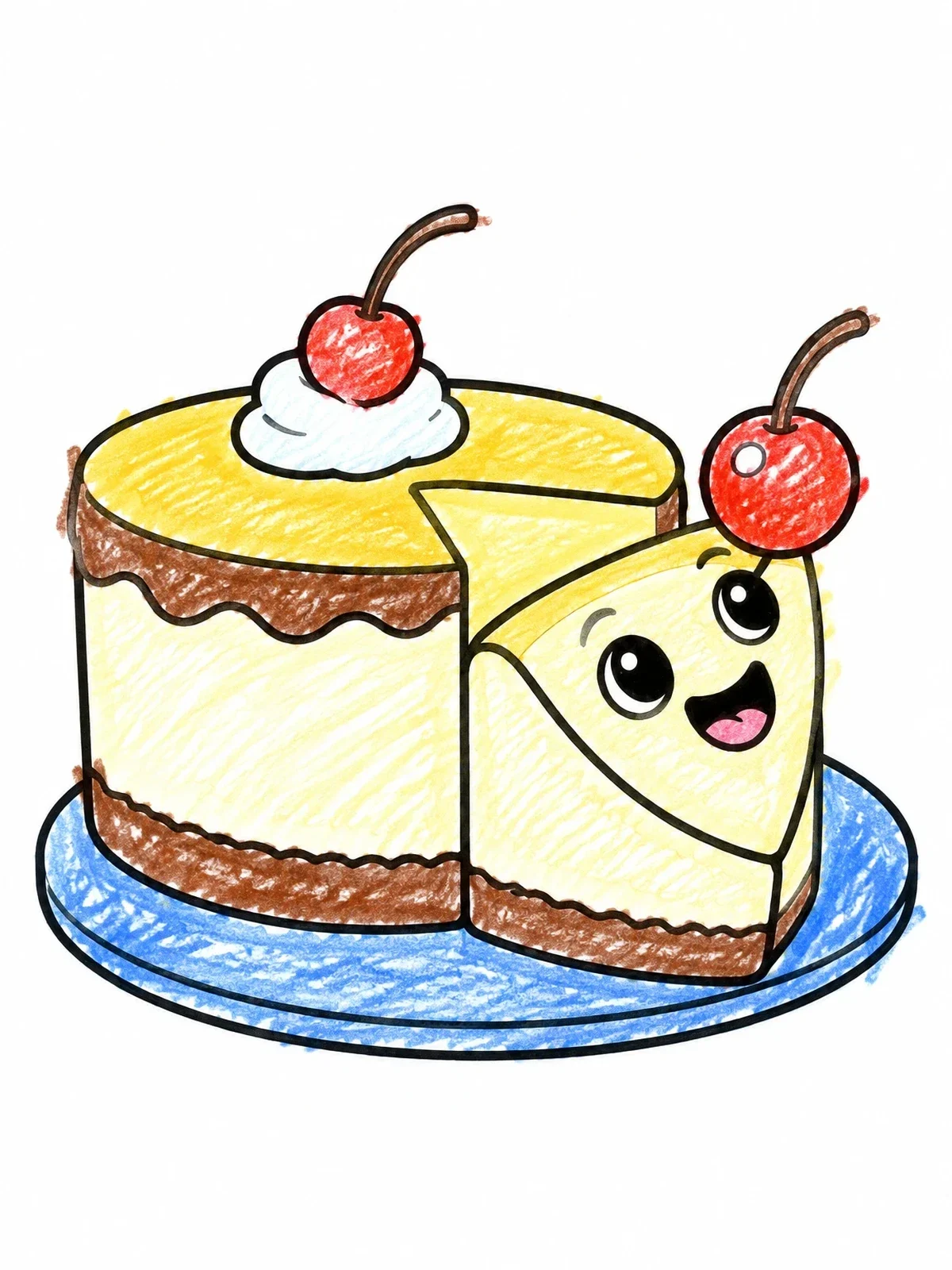 Colored example of the Cute Cheesecake With Cheerful Slice coloring page