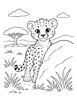 A sweet cheetah coloring page with a spotted cub peeking from behind a large rock in the savanna.