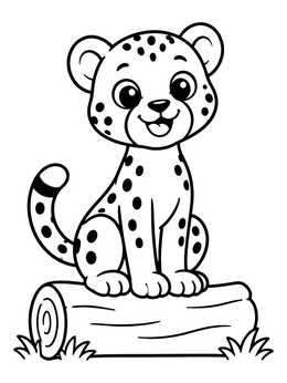 A cute cheetah coloring page with a happy cub sitting on a wooden log.