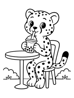 A cute cheetah coloring page showing a baby cheetah drinking bubble tea at an outdoor cafe table.