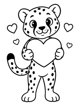 A sweet cheetah coloring page featuring a cub holding a large heart.