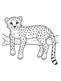 A sweet cheetah coloring page showing the animal resting calmly across a thick tree branch.