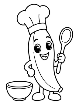 A smiling chef holding a wooden spoon on this banana coloring page.