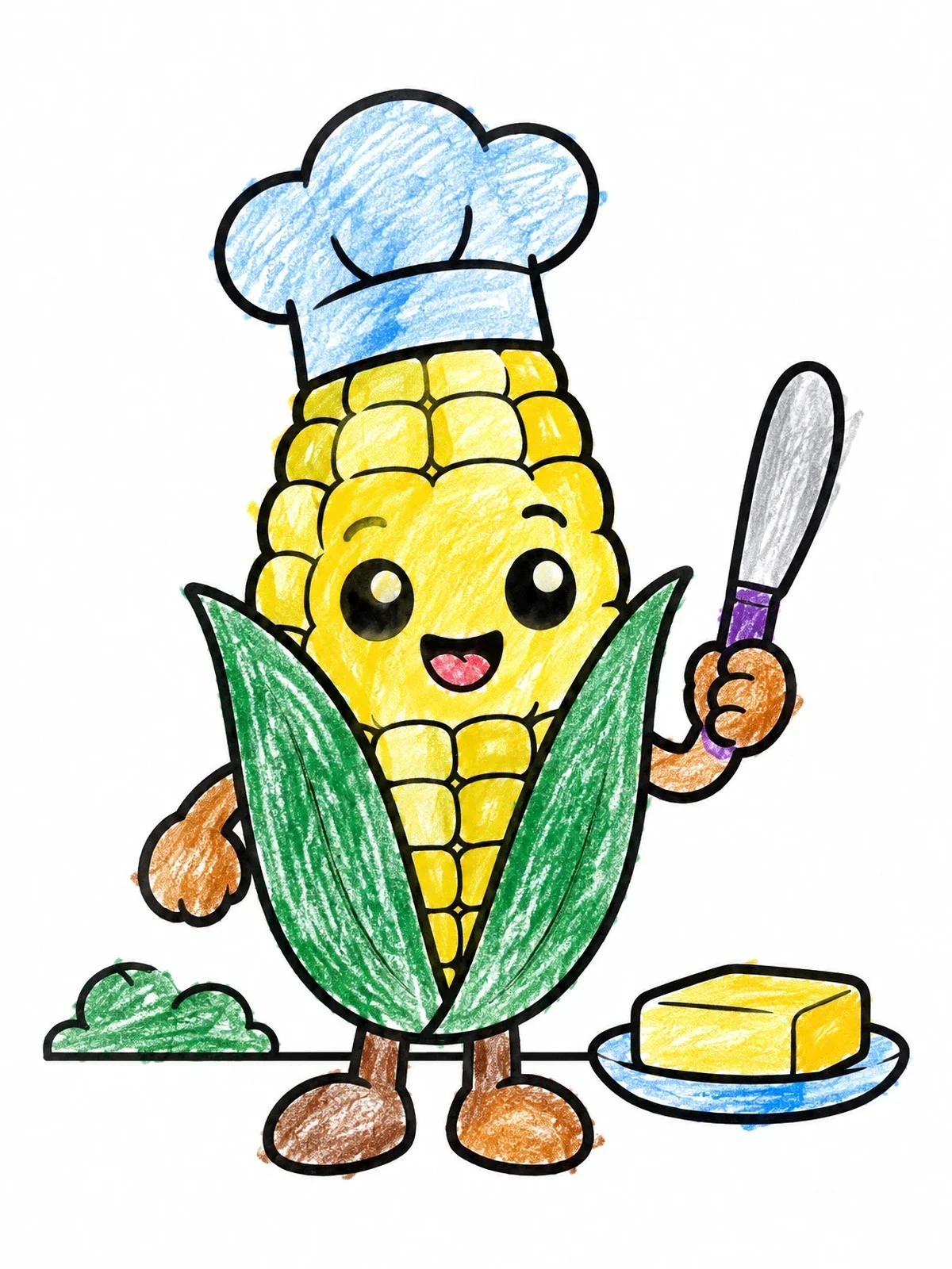 Colored example of the Cute Chef Corn With Butter coloring page