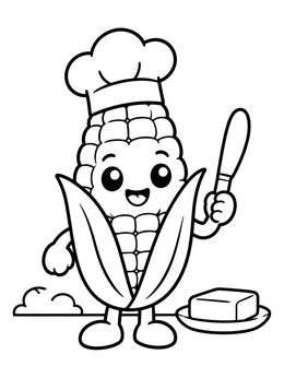 Free printable Cute Chef Corn With Butter coloring page