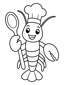 A happy lobster coloring page wearing a chef hat and holding a big spoon.