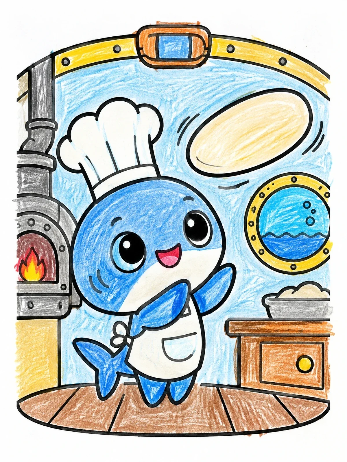 Colored example of the Cute Chef Shark Tossing Pizza Dough coloring page
