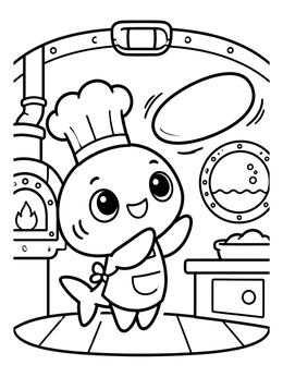 A cheerful cartoon shark coloring page showing a baby shark chef tossing pizza dough inside a submarine kitchen.