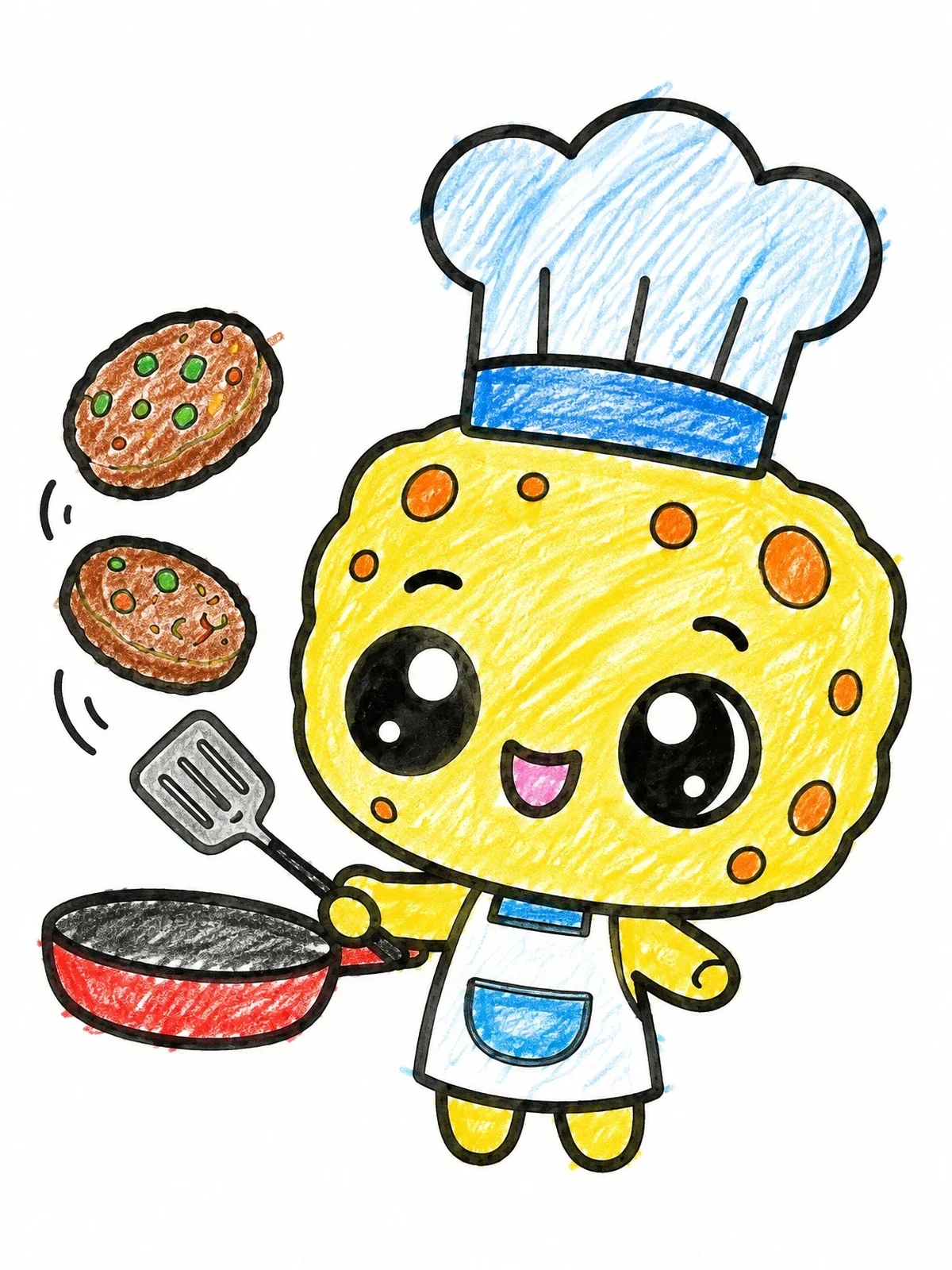 Colored example of the Cute Chef Sponge Flipping Patties coloring page