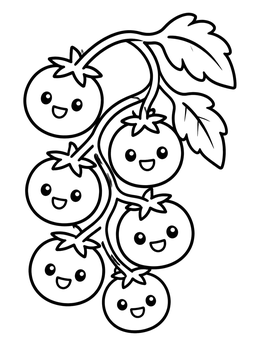 A happy tomato coloring page featuring cute cherry tomatoes on a vine.