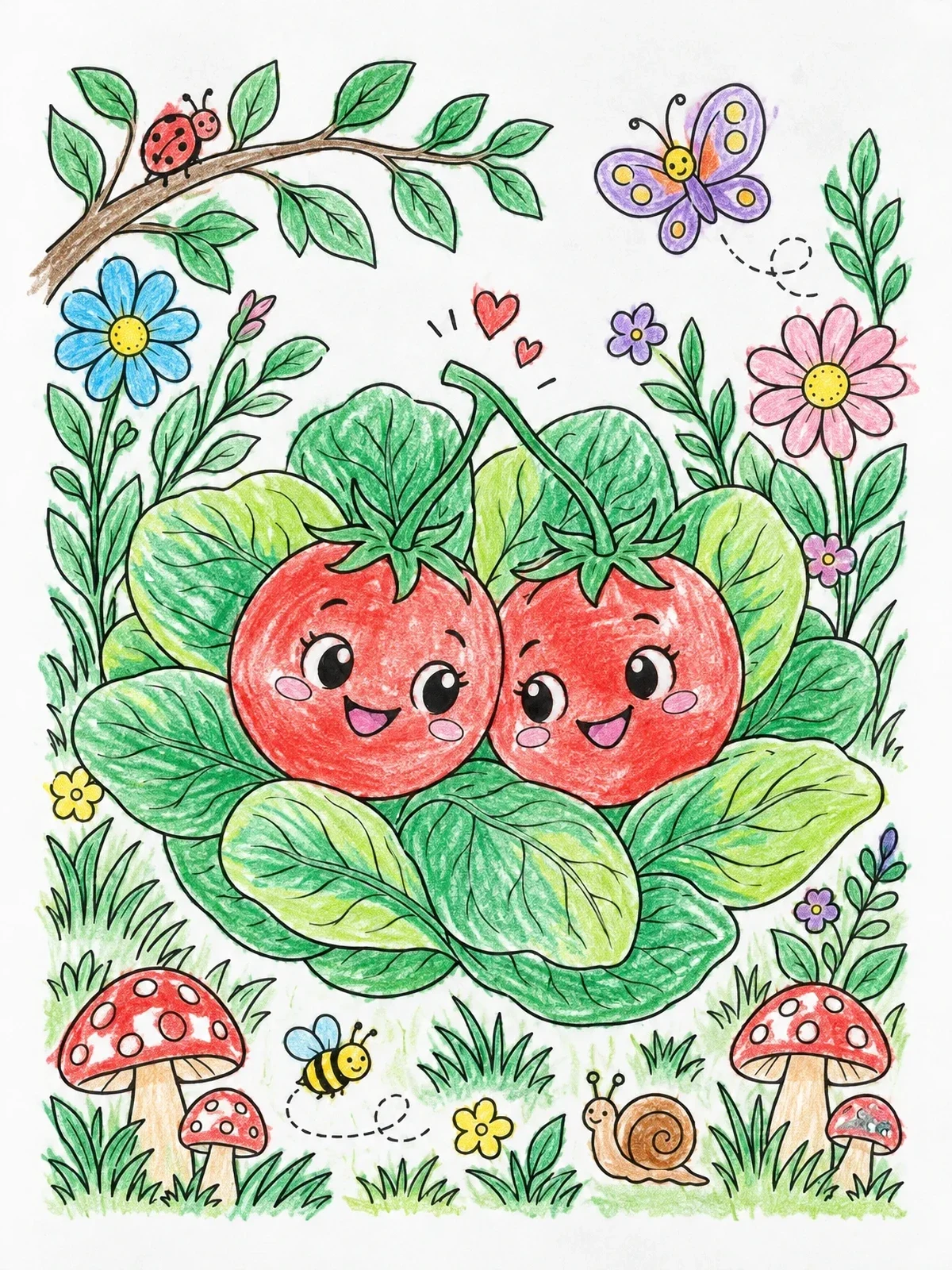 Colored example of the Happy Cherry Tomatoes On Salad Leaves coloring page