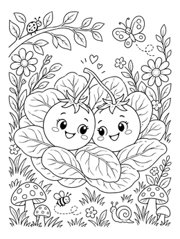 Free printable Happy Cherry Tomatoes On Salad Leaves coloring page