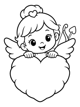 A cheerful baby cherub coloring page holding a big fluffy heart pillow.
