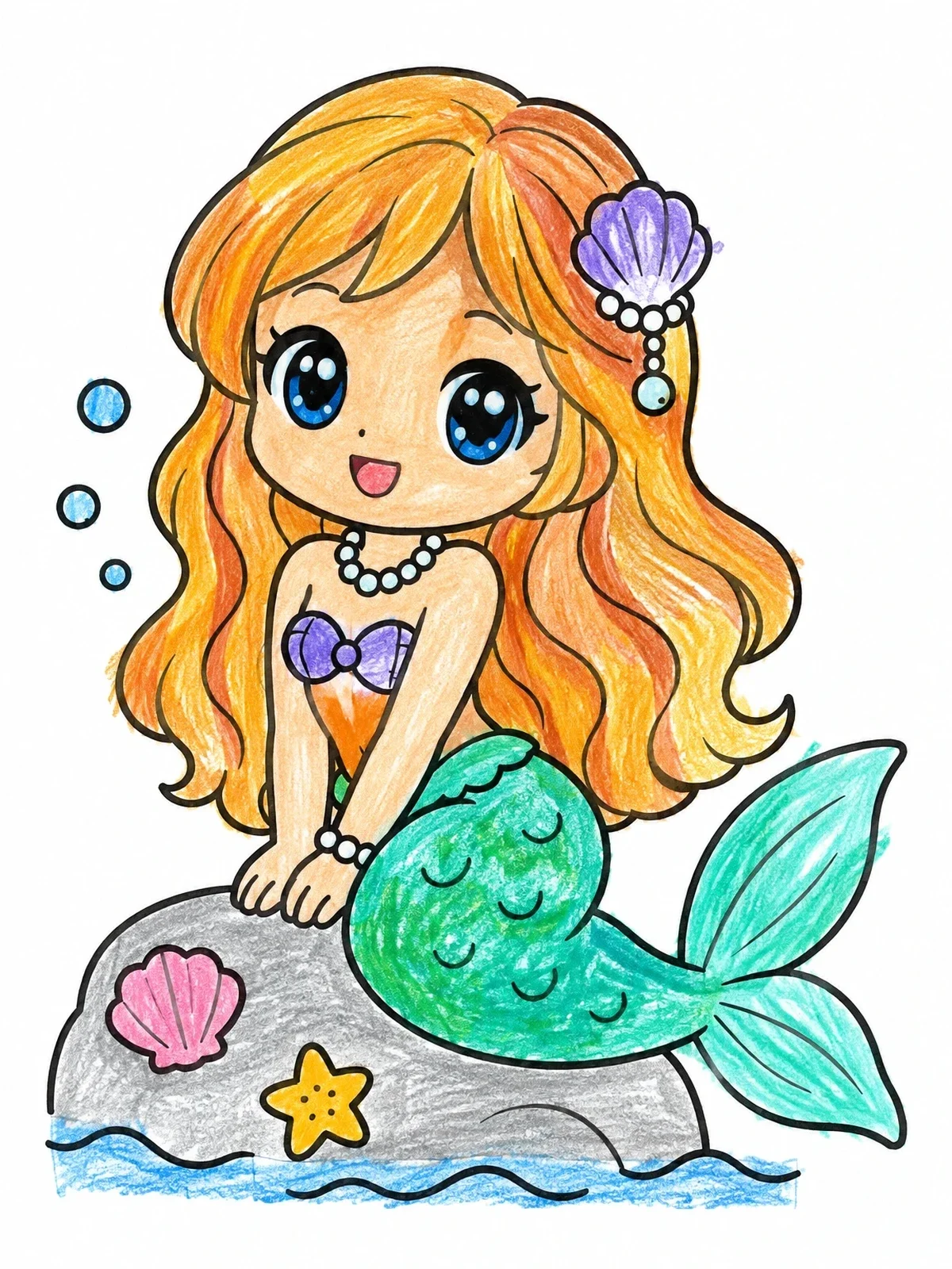Colored example of the Cute Chibi Mermaid On A Rock coloring page