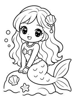 Free printable Cute Chibi Mermaid On A Rock coloring page