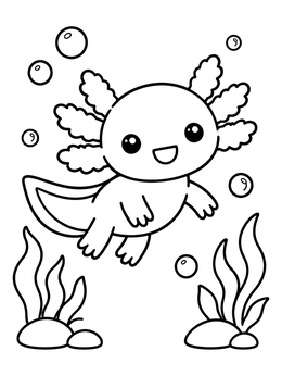 Free printable Cute Chibi Axolotl Swimming Underwater coloring page