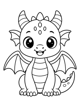A cute chibi coloring page of a smiling baby dragon sitting upright.