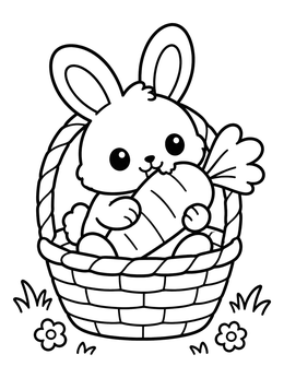 A cute chibi coloring page of a small bunny holding a giant carrot inside a basket.