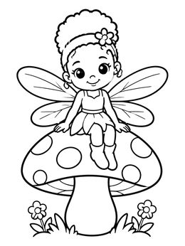 A sweet little fairy sitting on a mushroom in this chibi coloring page.