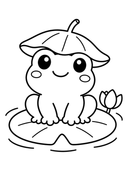 A chibi coloring page showing a smiling little frog wearing a leaf hat on a lily pad.