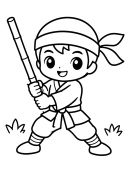 A cute chibi ninja holding a bamboo sword ready for practice on this ninja coloring page.