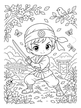 Free printable Cute Chibi Ninja With Sword In Japanese Garden coloring page