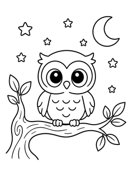 A chibi coloring page of an adorable owl perched on a branch under stars and a crescent moon.
