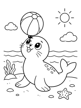 A playful baby seal on the beach in this chibi coloring page.