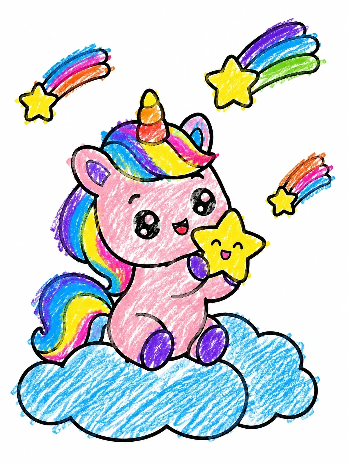 Colored example of the Cute Chibi Unicorn With Shooting Stars coloring page