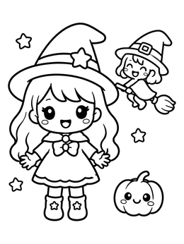 A cheerful chibi coloring page featuring a little witch, a flying friend, and a cute pumpkin.