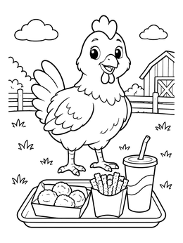 A friendly chicken coloring page featuring a fast food tray with nuggets, fries, and a drink on a farm.