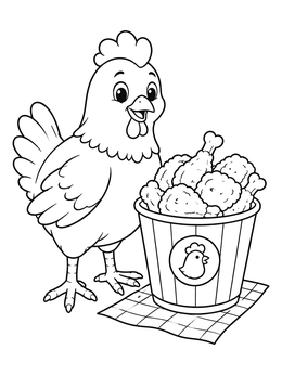 A cheerful cartoon chicken stands beside a bucket in this chicken coloring page.