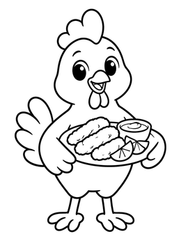 A cheerful chicken coloring page showing a cartoon bird holding a plate of crispy tenders.