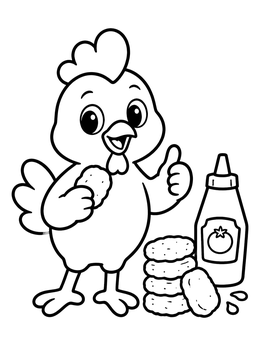 A cheerful cartoon chicken coloring page holding a nugget next to ketchup.