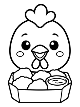 A cheerful cartoon chicken coloring page featuring a tray of nuggets and dipping sauce.