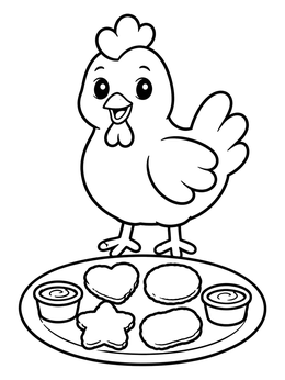 A happy cartoon chicken coloring page with nuggets and dipping sauce.