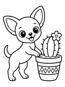 A cheerful puppy in this cute chihuahua coloring page standing next to a potted cactus.