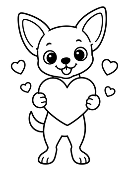 A happy chihuahua coloring page showing a pup holding a big heart.