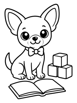 A chihuahua coloring page showing a pup in a bowtie sitting near an open book and blocks.