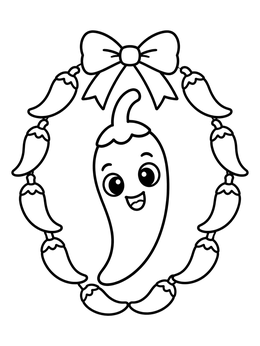 A smiling chili peppers coloring page framed inside a festive pepper wreath with a bow.