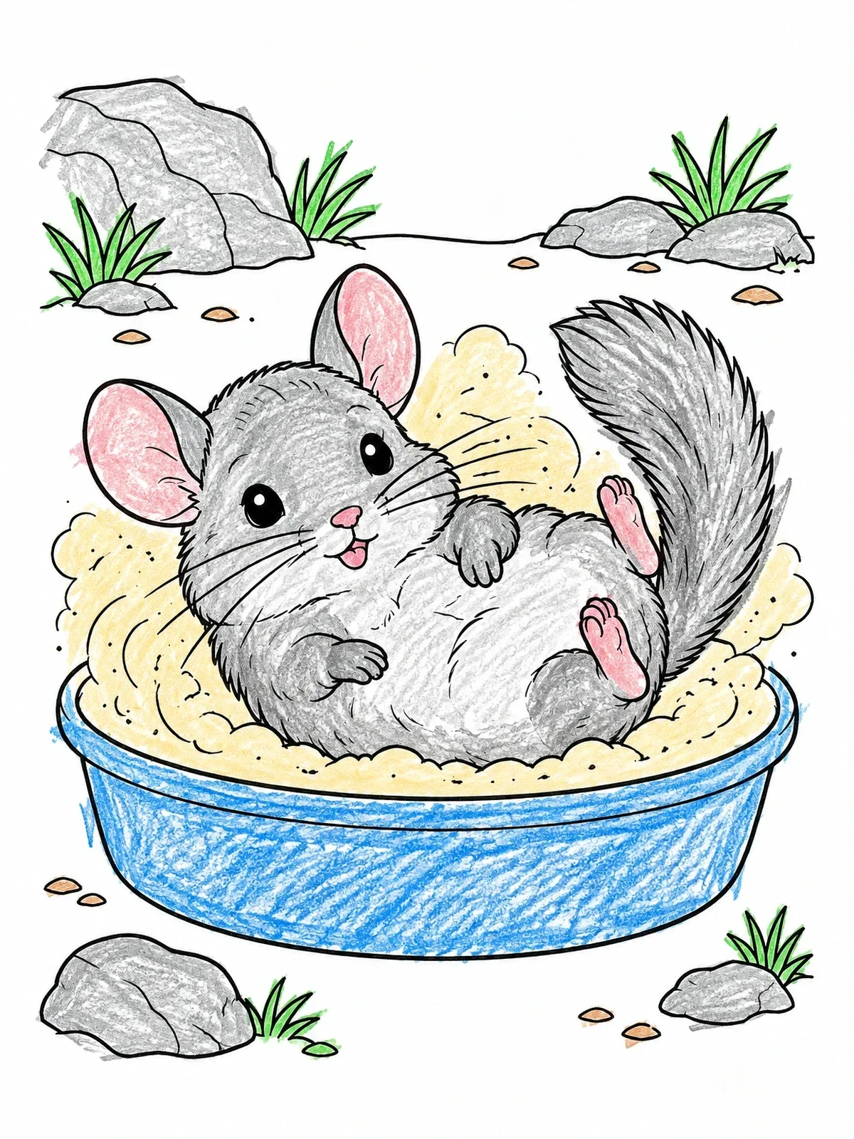 Colored example of the Cute Chinchilla Dust Bath coloring page