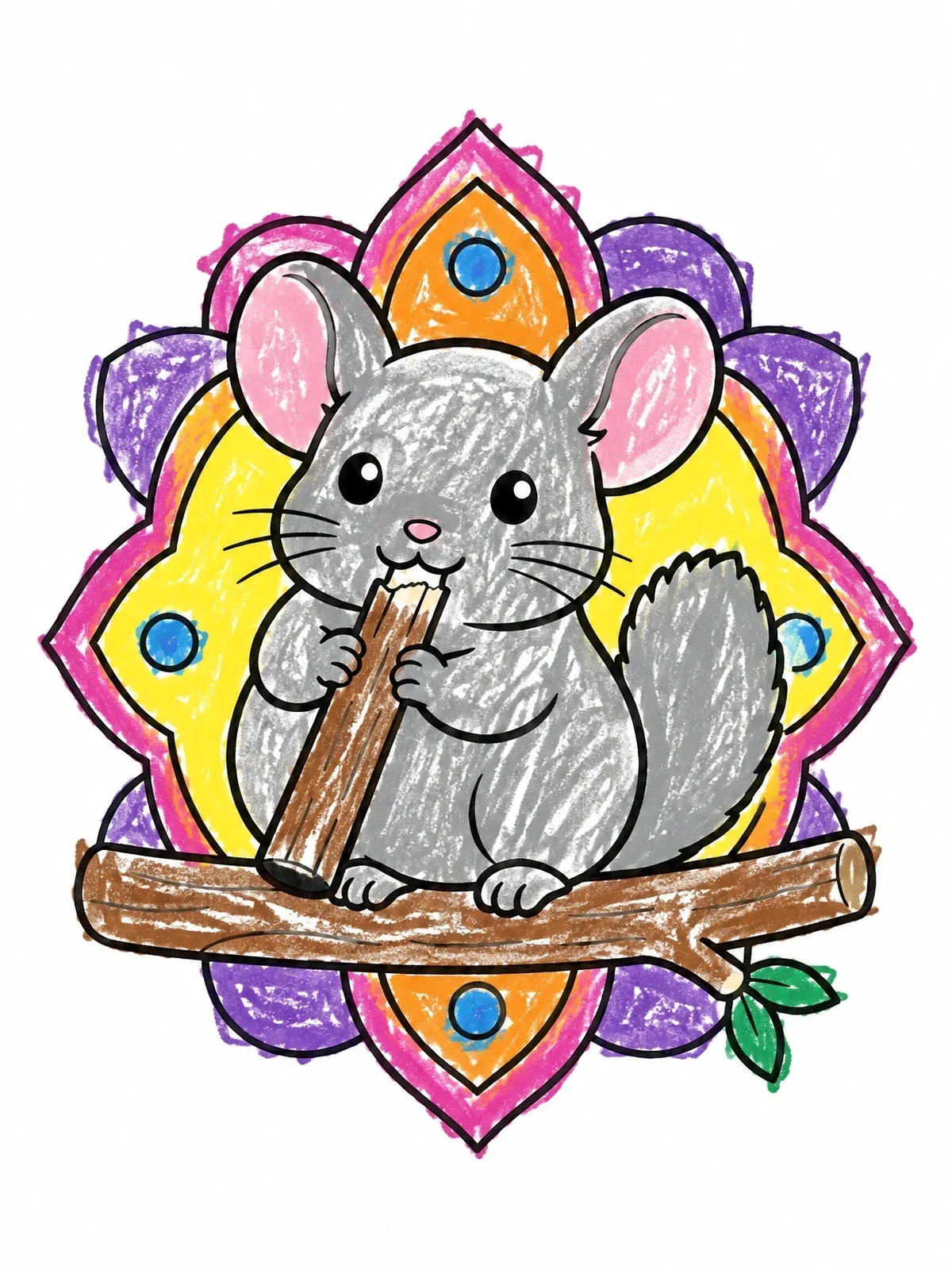 Colored example of the Cute Chinchilla Gnawing A Stick coloring page