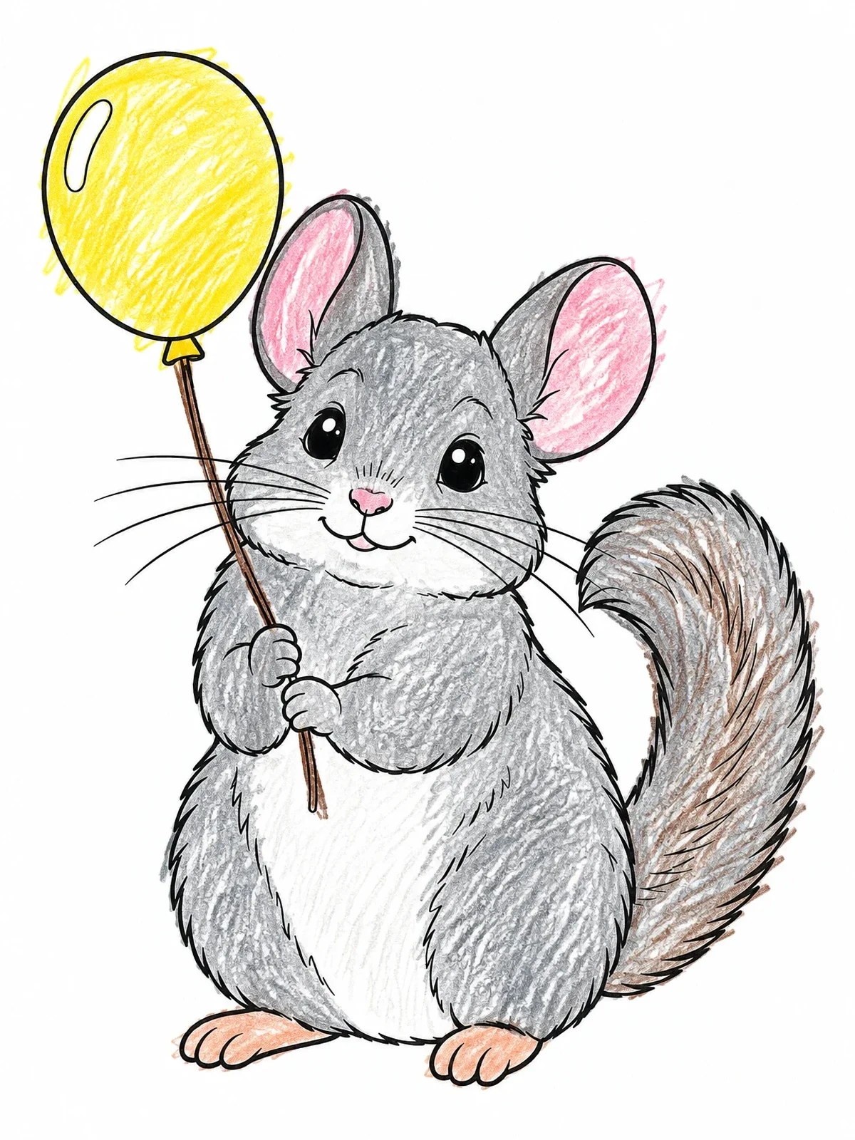Colored example of the Cute Chinchilla Holding A Balloon coloring page