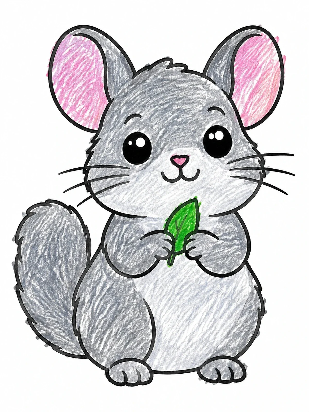 Colored example of the Cute Chinchilla Holding A Leaf coloring page