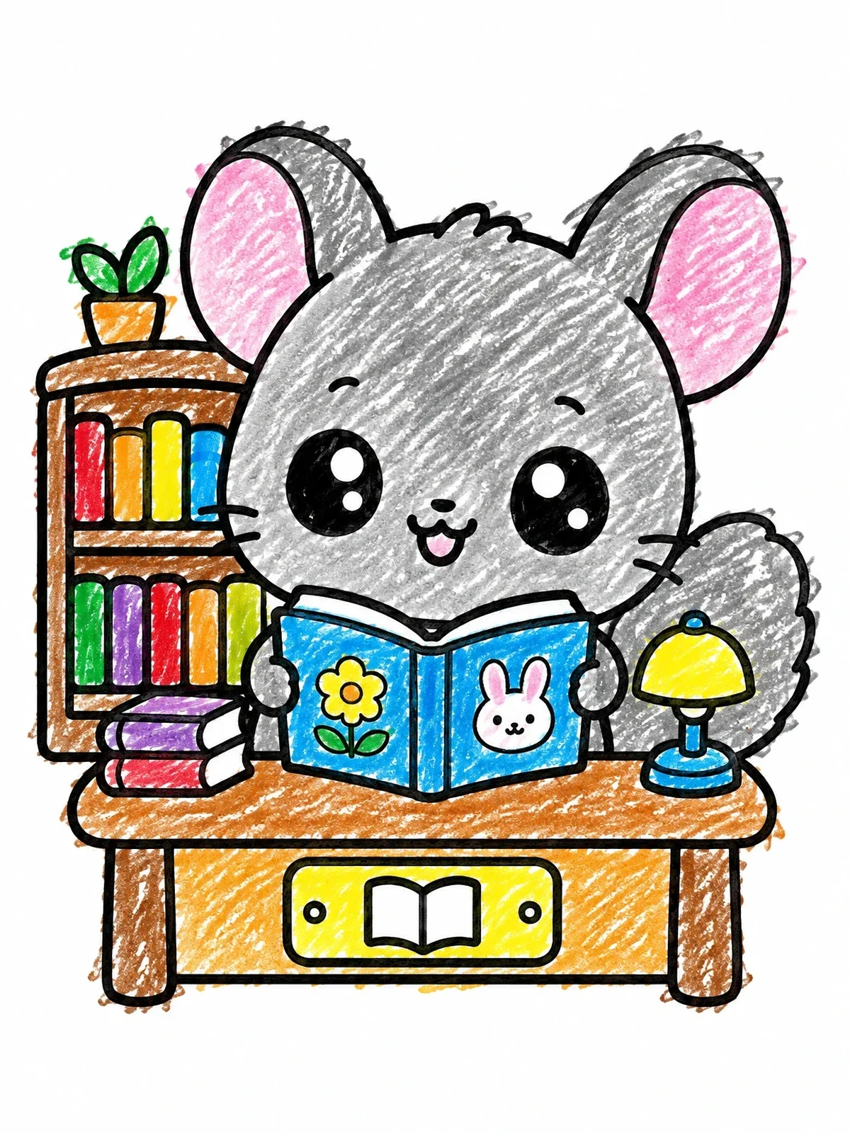 Colored example of the Cute Chinchilla Reading At Library Desk coloring page