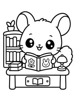 Free printable Cute Chinchilla Reading At Library Desk coloring page