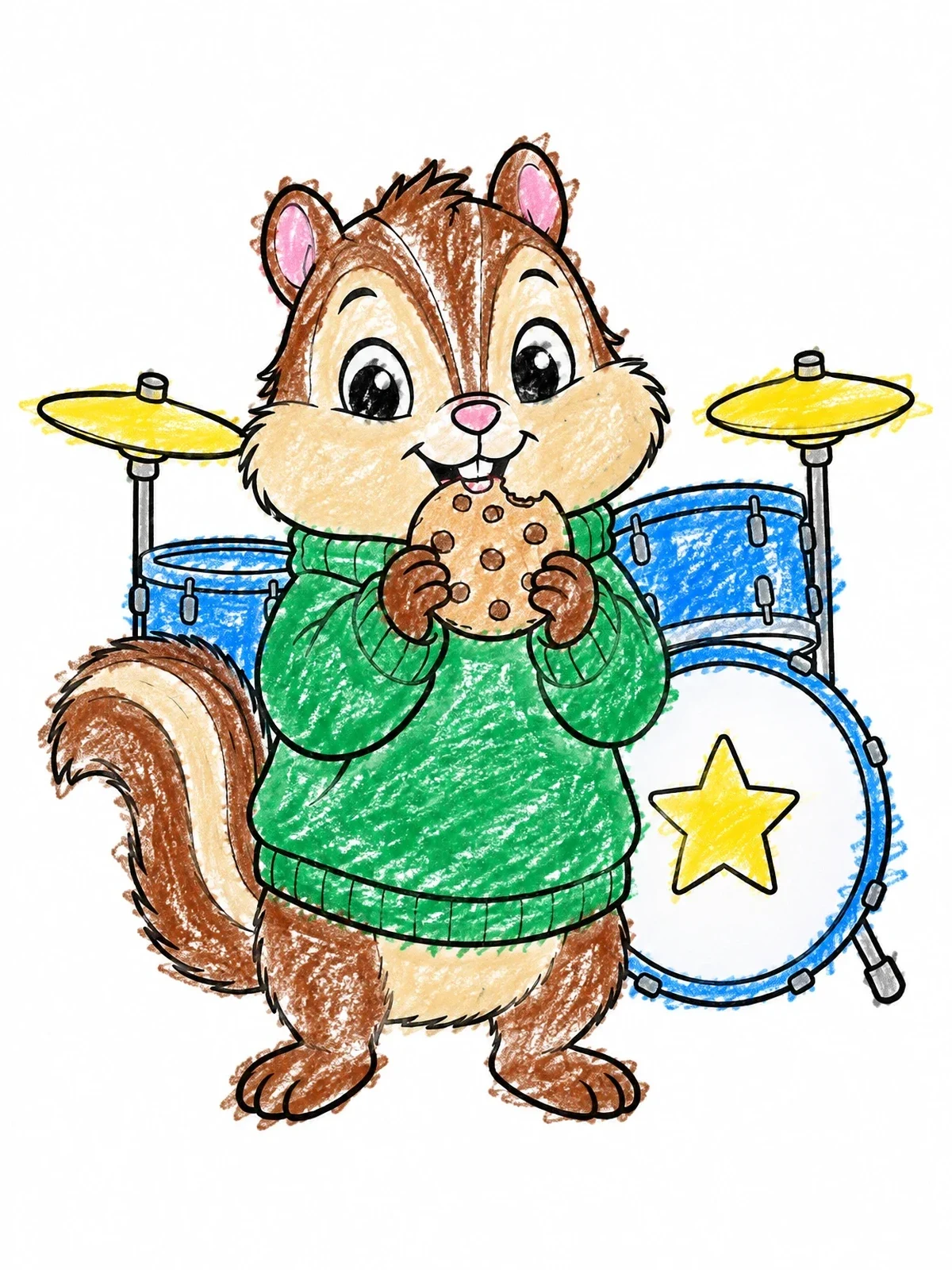 Colored example of the Cute Chipmunk With Cookie And Drums coloring page