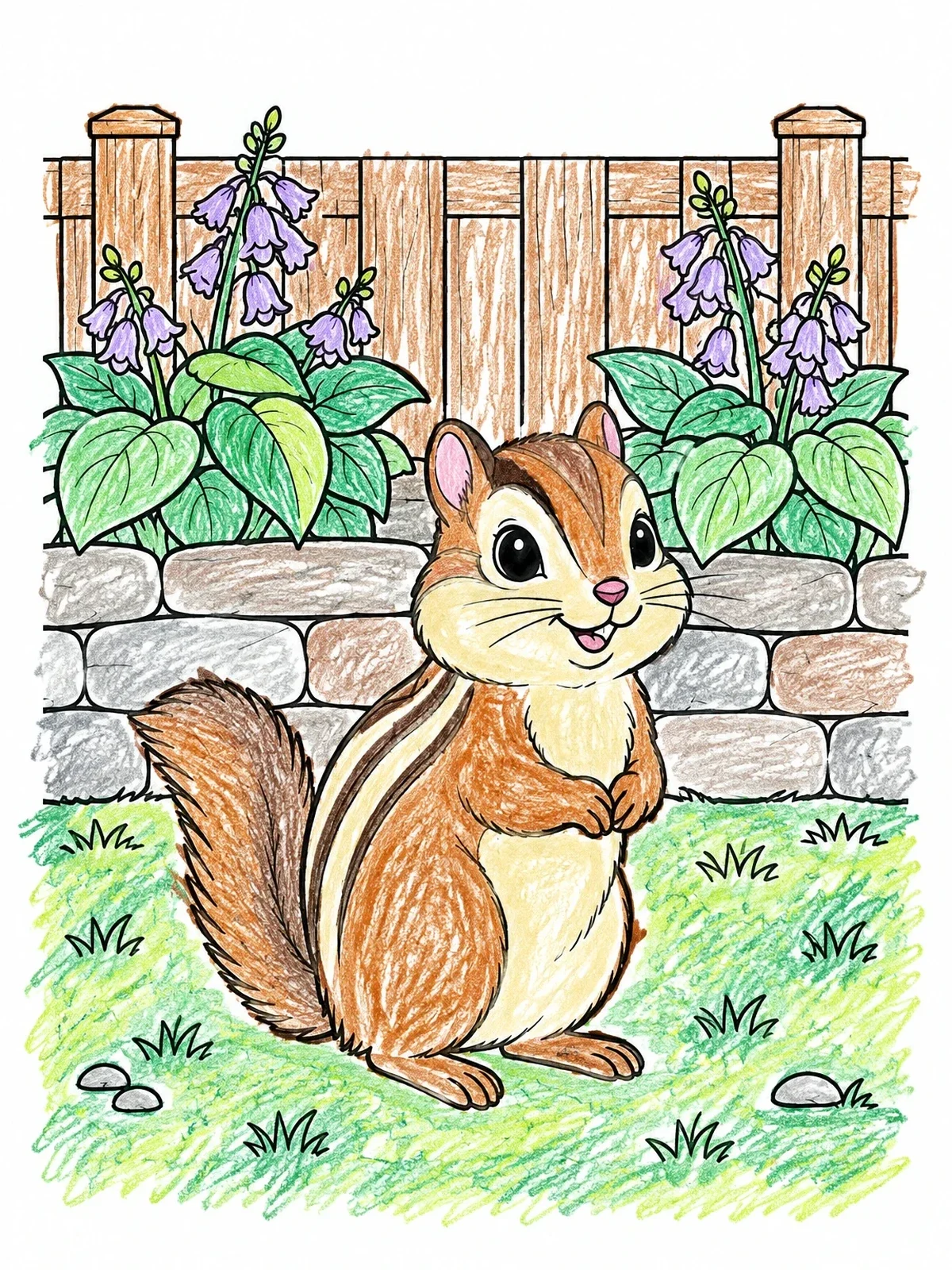 Colored example of the Cute Chipmunk By Garden Wall coloring page