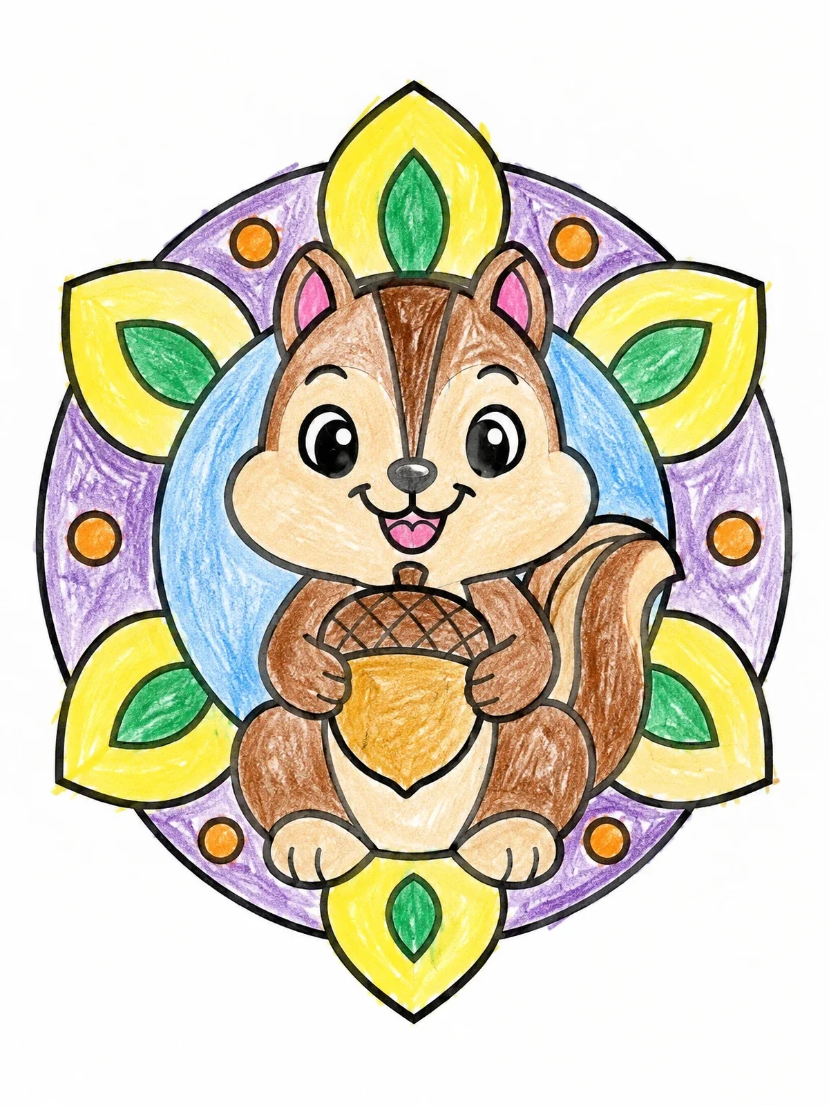 Colored example of the Cute Chipmunk With Acorn Mandala coloring page