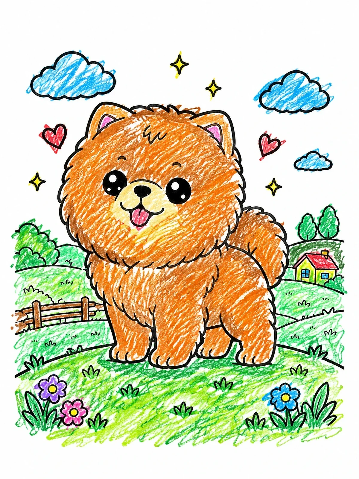Colored example of the Cute Chow Chow On A Grassy Hill coloring page